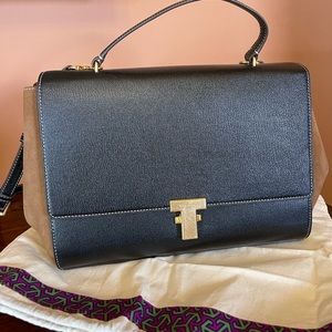 Tory Burch brown suede sides/ black leather top handle handbags